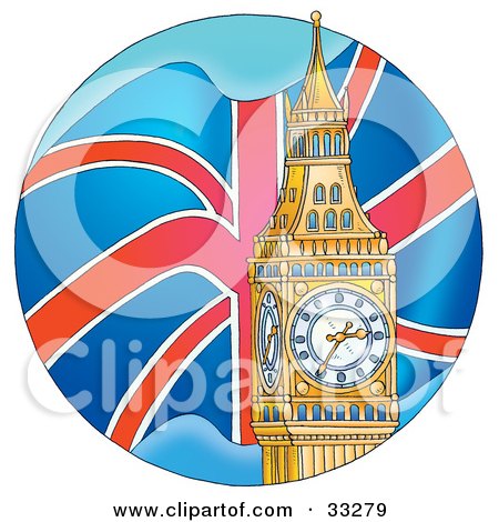 Clipart Illustration of a Flag Waving Behind The Big Ben Clock Tower In London by Alex Bannykh