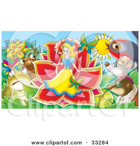 Clipart Illustration of Animals Surrounding A Miniature Girl Emerging From A Flower  by Alex Bannykh