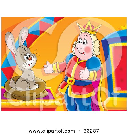 Clipart Illustration of a Rabbit Emerging From A Sack In Front Of A Happy King by Alex Bannykh