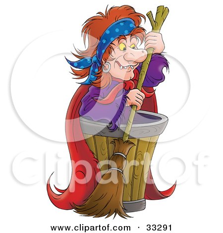 Clipart Illustration of an Evil Witch Standing By A Barrel With A Broom by Alex Bannykh