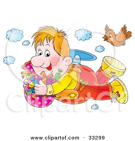Clipart Illustration of a Bird And A Chubby Flying Boy In The Sky With Candy And Gifts by Alex Bannykh