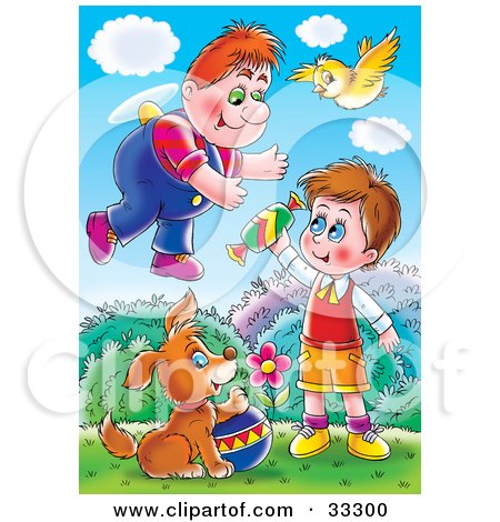Clipart Illustration of a Chubby Flying Boy And Bird Over A Puppy With A Ball And Boy With Candy by Alex Bannykh