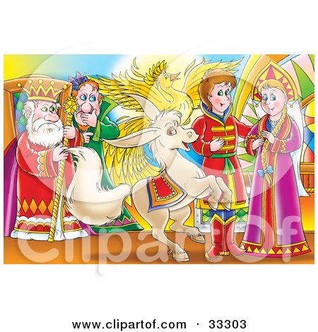 Clipart Illustration of an Evil Man Standing Behind A King, Watching A Phoenix And Horse By A Princess And Prince by Alex Bannykh