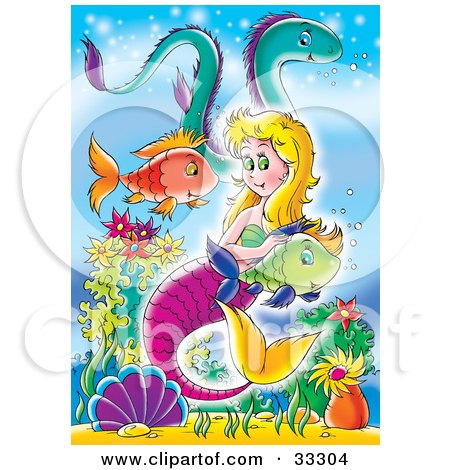 Clipart Illustration of a Blond Mermaid With A Purple Tail, Swimming With Fish And An Eel In The Sea by Alex Bannykh
