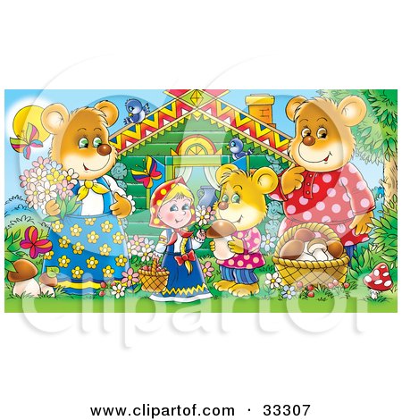 Clipart Illustration of Goldilocks Standing Outside A Cabin With The Three Bears, Mushrooms, Butterflies And Birds by Alex Bannykh