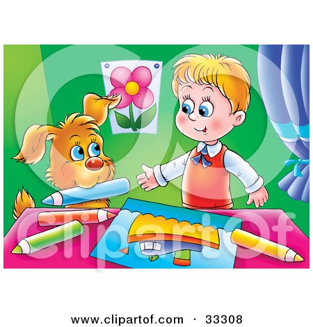 Clipart Illustration of a Dog Handing A Little Boy A Color Pencil While Coloring by Alex Bannykh