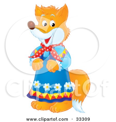 Clipart Illustration of a Female Fox In A Blue Floral Dress by Alex Bannykh