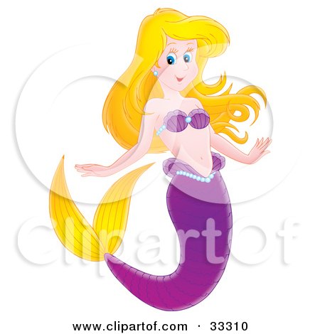 Clipart Illustration of a Pretty Blond Mermaid With A Purple Tail And Yellow Fins, Wearing Purple Shells by Alex Bannykh