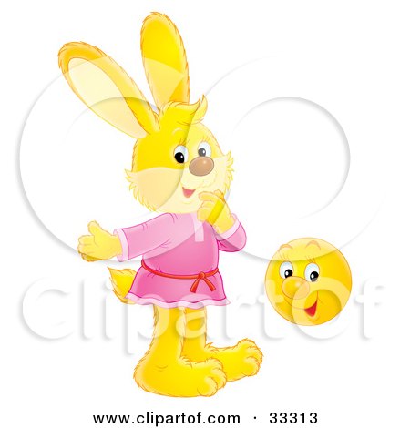 Clipart Illustration of a Yellow Bunny Rabbit In A Pink Shirt, Standing By A Happy Ball by Alex Bannykh