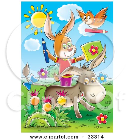 Clipart Illustration of a Bird, Rabbit And Donkey Coloring Outside In A Flower Garden by Alex Bannykh