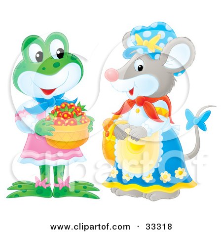 Clipart Illustration of a Cute Female Frog In Clothes, Carrying A Basket Of Strawberries And Chatting With A Female Mouse by Alex Bannykh