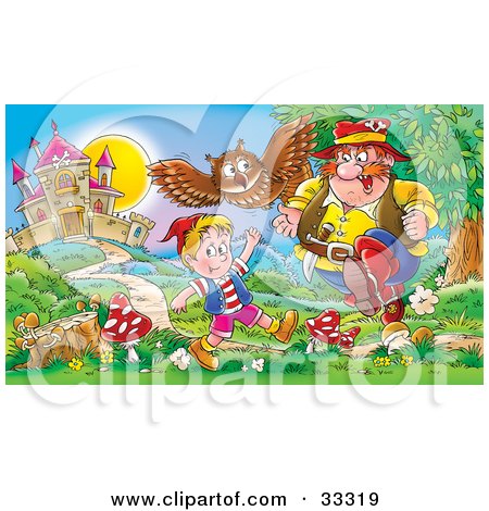 Clipart Illustration of an Evil Man Running Towards A Happy Boy While An Owl Tries To Alert Him by Alex Bannykh