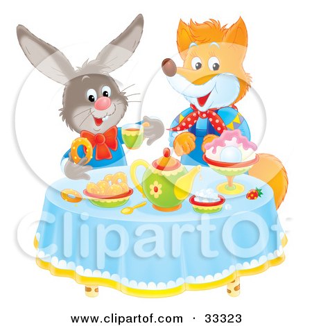 Clipart Illustration of a Fox And Rabbit Socializing At A Tea Party by Alex Bannykh