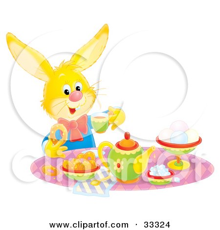 Clipart Illustration of a Yellow Hare Sipping Tea And Eating Snacks At A Tea Party by Alex Bannykh