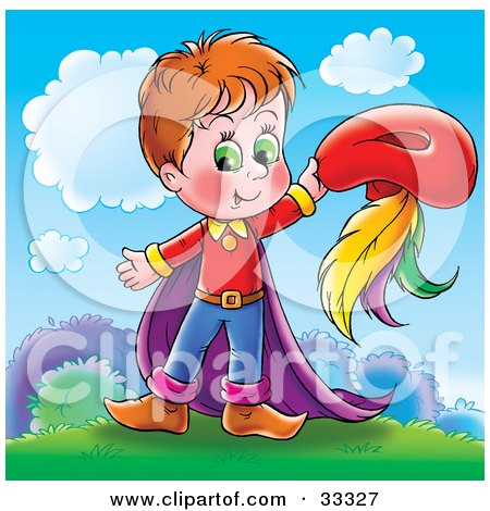 Clipart Illustration of a Happy Green Eyed Boy In A Cape, Holding Out His Hat by Alex Bannykh