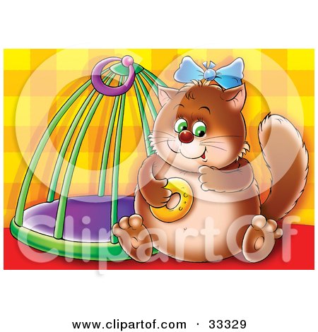 Clipart Illustration of a Chubby Brown Cat Sitting By A Cage, Eating A Donut by Alex Bannykh