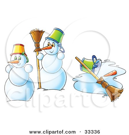 Clipart Illustration of Two Snowmen Near A Melted Snowman by Alex Bannykh