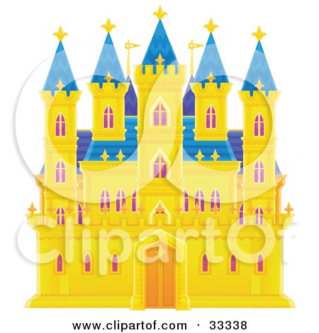 Clipart Illustration of Golden Castle With Purple Drapes In The Windows And Blue Roofing And Turrets by Alex Bannykh