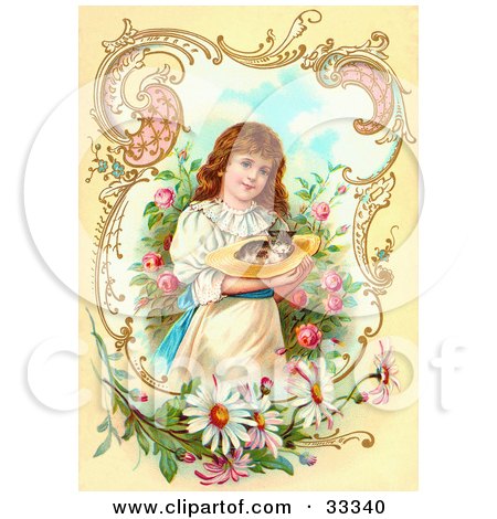 Clipart Illustration of a Little Victorian Girl Gently Carrying A Calico Kitten In A Hat Through A Rose Garden, Framed By Scrolls And Daisies by OldPixels