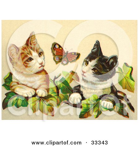 Clipart Illustration of Two Curious Victorian Cats In Ivy Leaves Watching A Butterfly by OldPixels