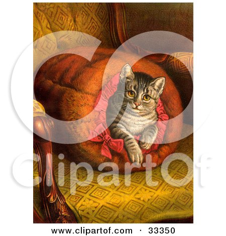 Clipart Illustration of a Pampered Victorian House Cat Taking A Leisurely Rest Inside A Muff Handwarmer On A Chair by OldPixels