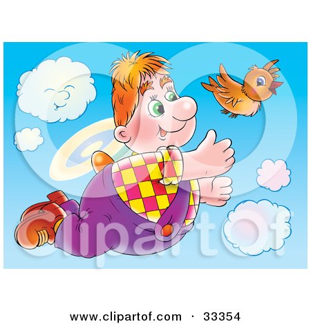 Clipart Illustration of a Chubby Flying Boy In The Sky With A Brown Bird by Alex Bannykh
