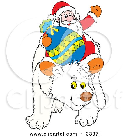 Clipart Illustration of Santa Waving And Holding His Toy Sack While Riding On The Back Of A Friendly Polar Bear by Alex Bannykh