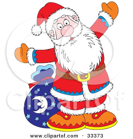 Clipart Illustration of Santa Holding His Arms Open And Standing In Front Of His Toy Sack by Alex Bannykh