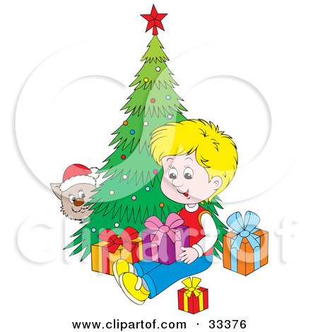 Clipart Illustration of a Kitty Wearing A Santa Hat, Peeking Around A Christmas Tree And Watching A Blond Boy Open Presents by Alex Bannykh