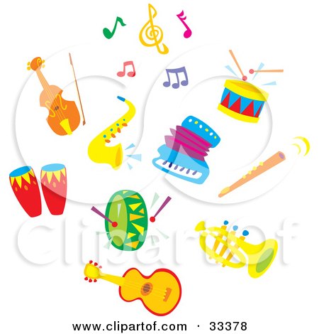 Clipart Illustration of a Set Of Colorful Music Notes, A Cello Or Violin, Sax, Drums, Accordion, Flute, Tuba And Guitar by Alex Bannykh