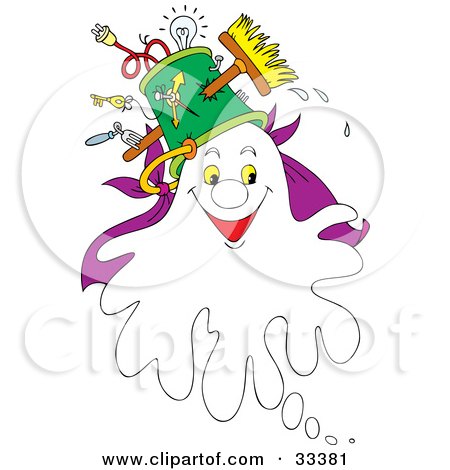 Clipart Illustration of a Friendly White Ghost Wearing A Hat As A Pail, With A Broom And Electrical Items by Alex Bannykh