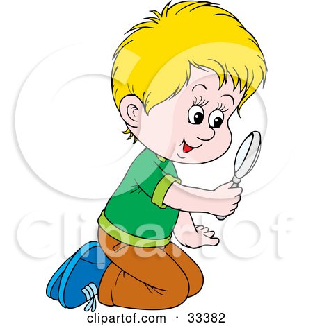 Clipart Illustration of a Curious Blond Boy Kneeling On The Ground And Peering Through A Magnifying Glass by Alex Bannykh
