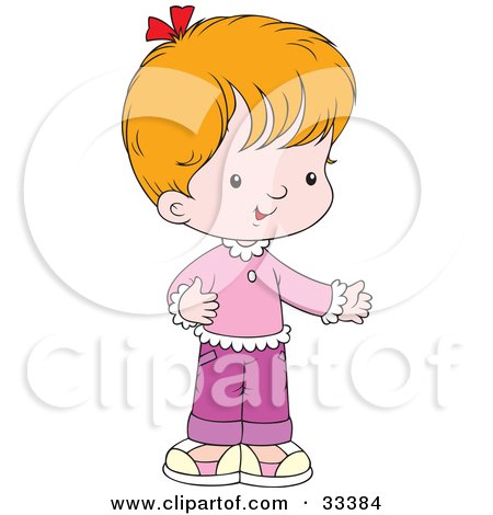 Clipart Illustration of a Little Girl Dressed In Pink And Purple, Holding One Arm Out by Alex Bannykh