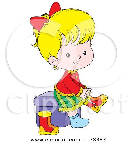 Clipart Illustration of a Little Blond Girl Sitting On A Cube And Putting Her Boots On by Alex Bannykh