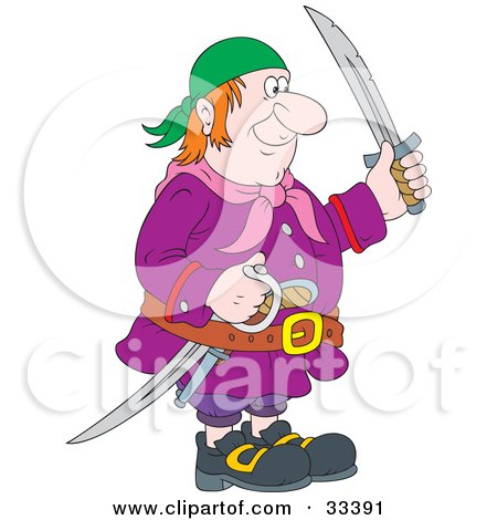 Clipart Illustration of a Red Haired Male Pirate In A Blue Bandana And Purple Jacket, Holding Swords by Alex Bannykh