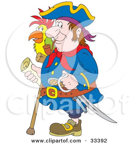 Clipart Illustration of a One Legged Pirate Smoking A Pipe, Carrying A Sword, Cane And Map And Standing With A Parrot On His Shoulder by Alex Bannykh
