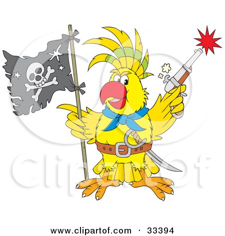 Clipart Illustration of a Yellow Parrot Pirate Holding A Flag And Shooting A Pistil by Alex Bannykh