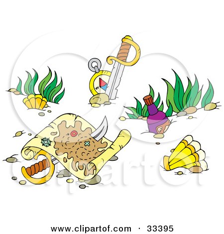 Clipart Illustration of a Sword Through A Sunken Treasure Map At The Bottom Of The Sea by Alex Bannykh