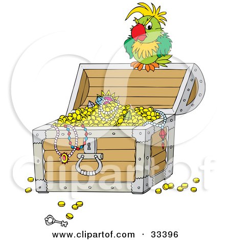 Clipart Illustration of a Grouchy Green Parrot Perched Atop An Open Treasure Chest by Alex Bannykh
