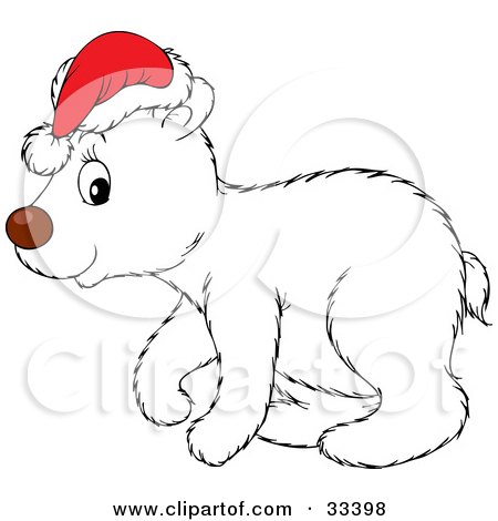Clipart Illustration of a Cute Polar Bear Cub In Profile, Wearing A Santa Hat by Alex Bannykh