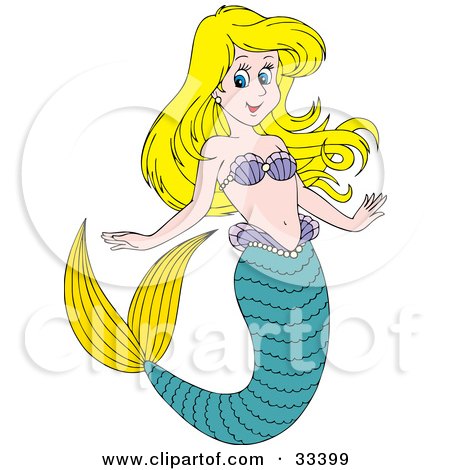 Clipart Illustration of a Blond Mermaid Wearing Purple Shells, With A Green Tail And Yellow Fins by Alex Bannykh