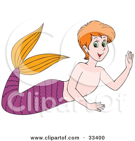 Clipart Illustration of a Friendly Male Mermaid With Red Hair, A Purple Tail And Orange Fins by Alex Bannykh