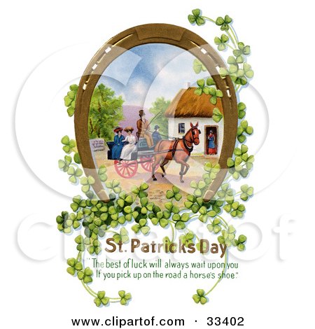 Clipart Illustration of a Gilded Lucky Horse Shoe With Clovers Surrounding A Scene Of Ladies Riding On A Horse Drawn Wagon by OldPixels