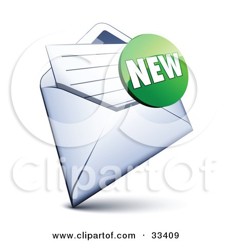 Clipart Illustration of a Green New Sticker Over A Letter In An Open Envelope by beboy