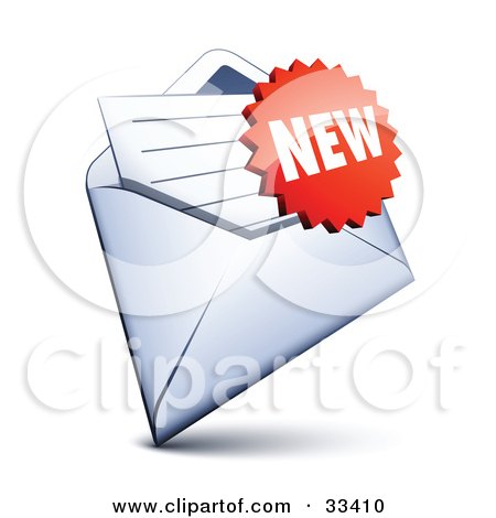 Clipart Illustration of a Red Burst Shaped New Sticker Over A Letter In An Open Envelope by beboy