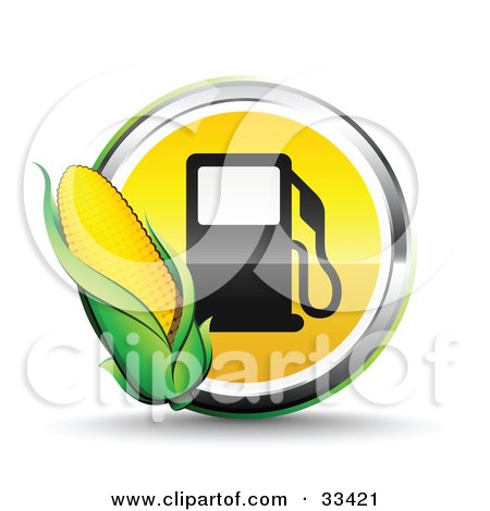 Clipart Illustration of an Ear Of Corn Over A Chrome And Yellow Fuel Icon With A Black Gas Pump by beboy