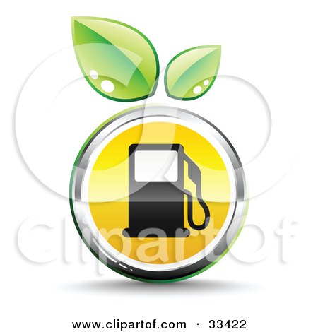 Clipart Illustration of Two Green Leaves Above A Chrome And Yellow Fuel Icon With A Black Gas Pump by beboy