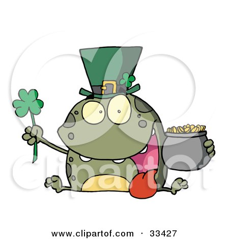 Clipart Illustration of a Green St Patricks Day Leprechaun Frog Wearing A Hat, Holding A Clover And A Pot Of Gold by Hit Toon
