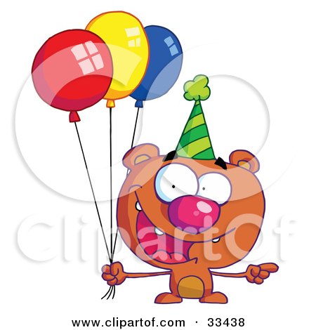 Clipart Illustration of a Birthday Bear In A Party Hat Pointing To The Right And Holding Colorful Party Balloons by Hit Toon
