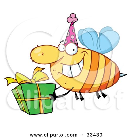 Clipart Illustration of a Happy Birthday Bee Wearing A Party Hat And Flying With A Gift by Hit Toon